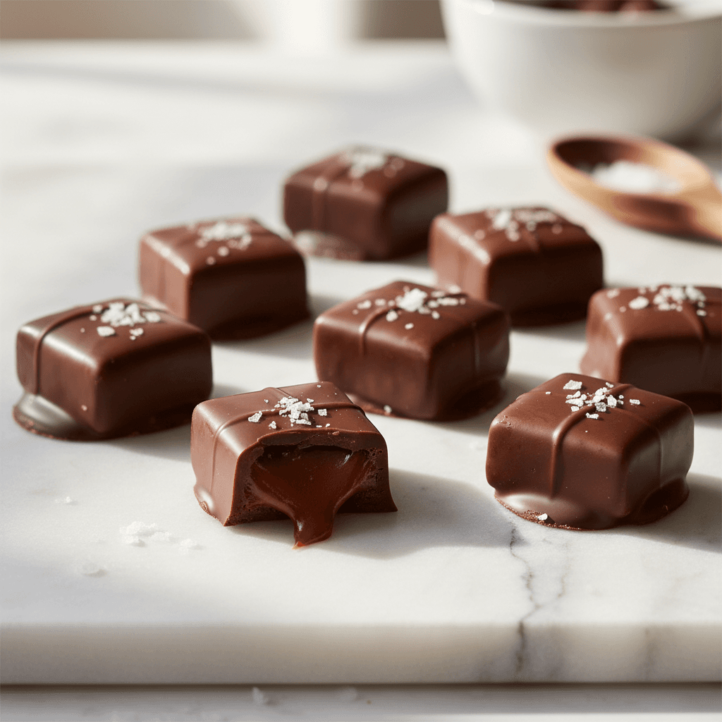 Caramel chocolates with sea salt finishing detail
