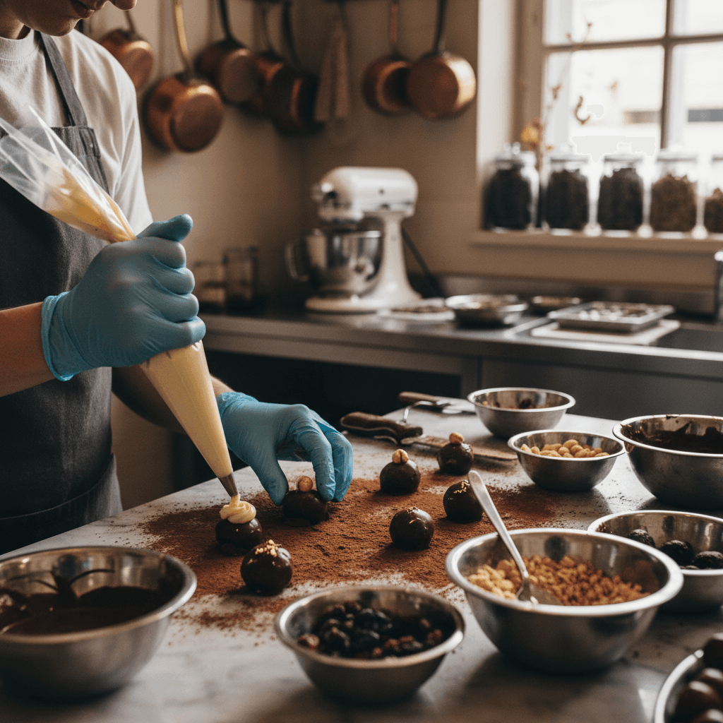 Chocolate artisan preparing confections by hand