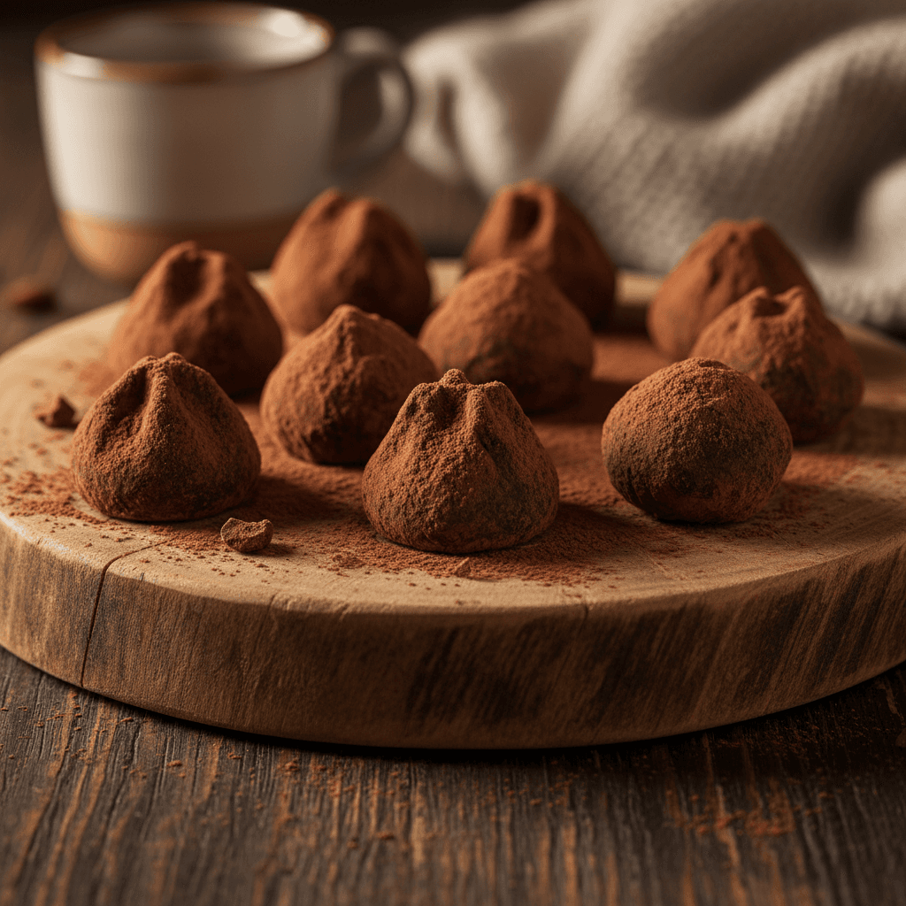 Dark chocolate truffles dusted with cocoa powder
