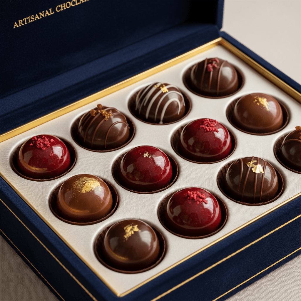 Assorted chocolate bonbons with glossy coating in gift box