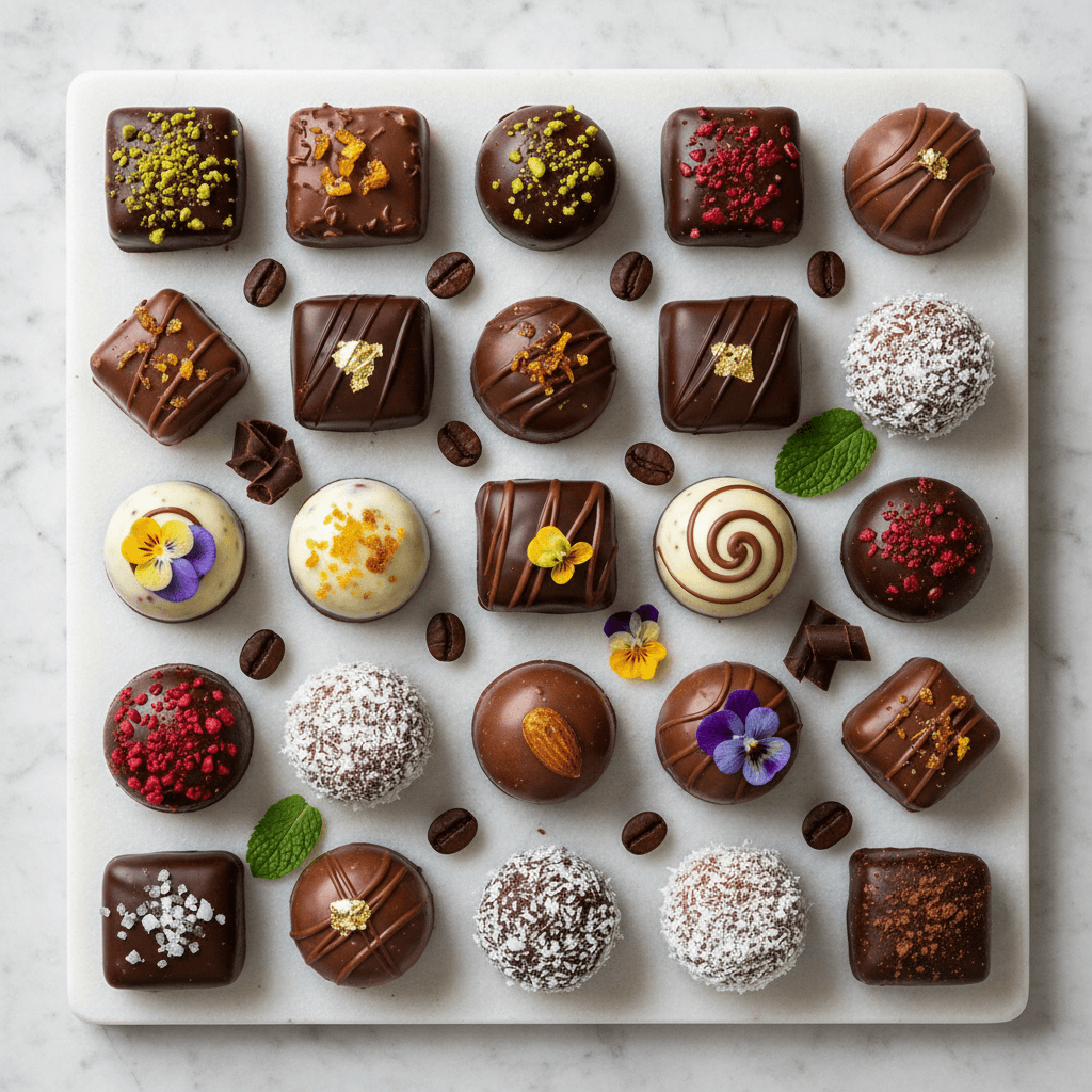 Assorted flavored chocolate pralines with varied toppings