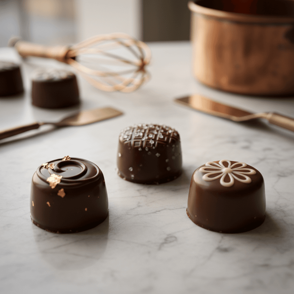 Milk chocolate bonbons with decorative toppings