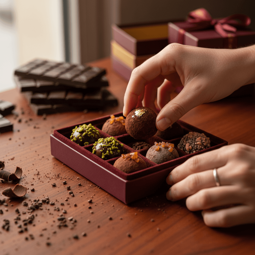 Beautifully arranged handmade chocolate confections with warm, inviting lighting