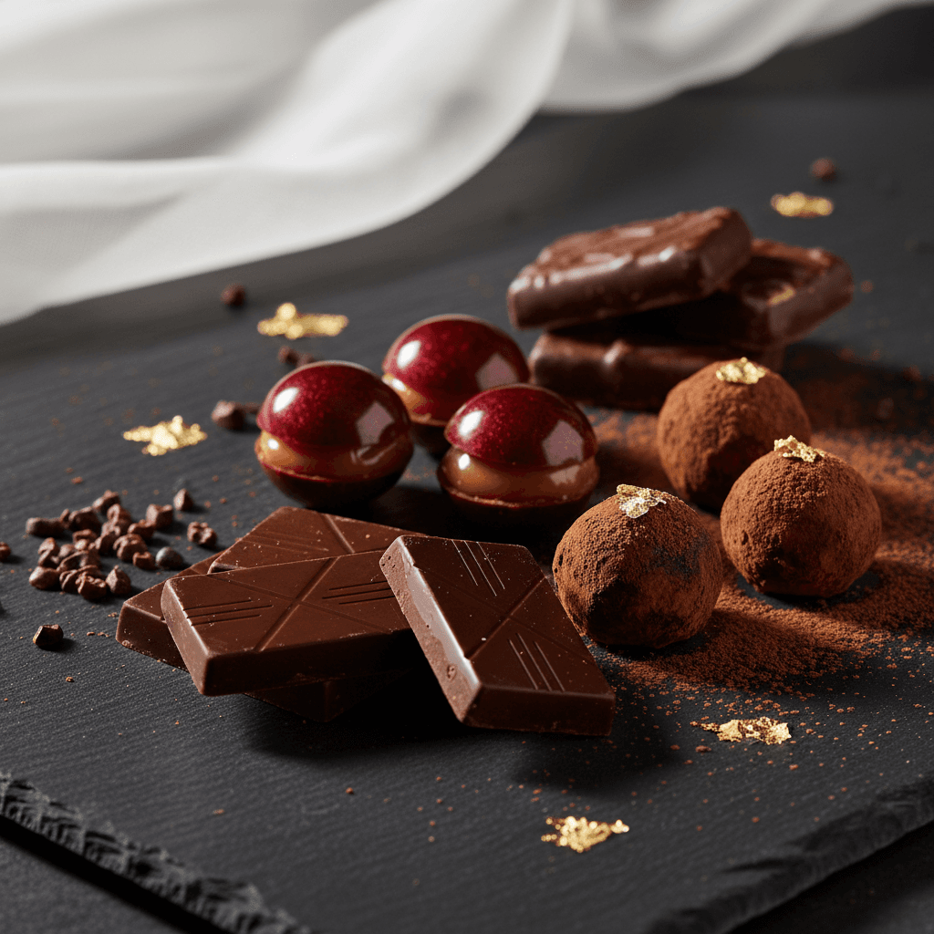 Close-up of beautifully crafted handmade chocolates with rich colors and detailed designs