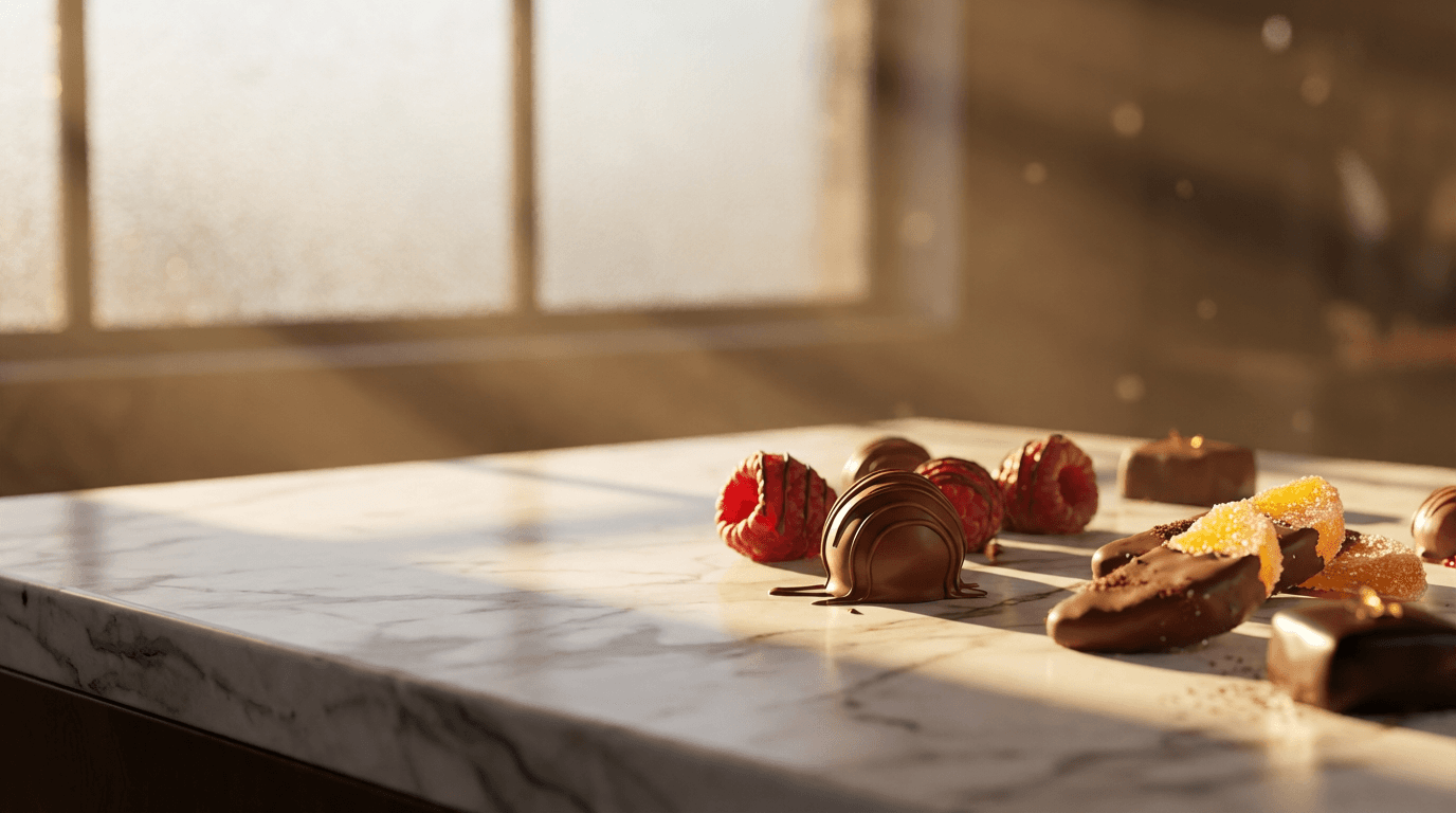 Beautifully arranged handmade chocolate confections on a wooden surface with elegant presentation
